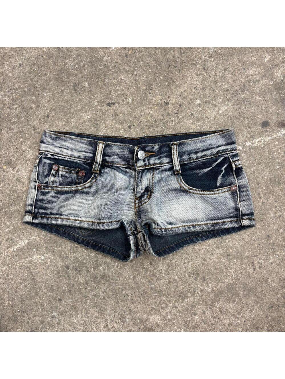 Vintage Y2K Low Rise Denim Micro Shorts Dark Bleach Wash